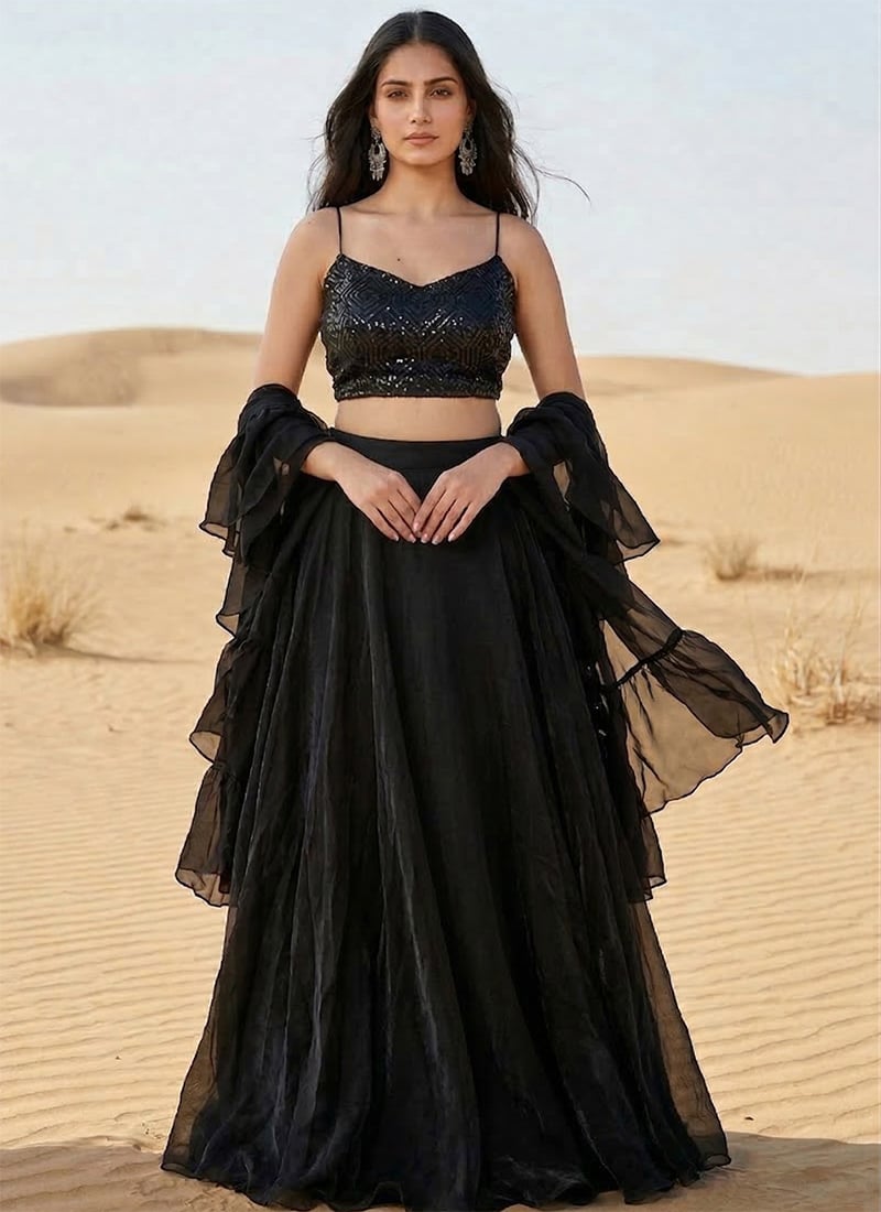 Royal Black Fendy Crush Silk Sequins Umbrella Lehenga Wedding Wear