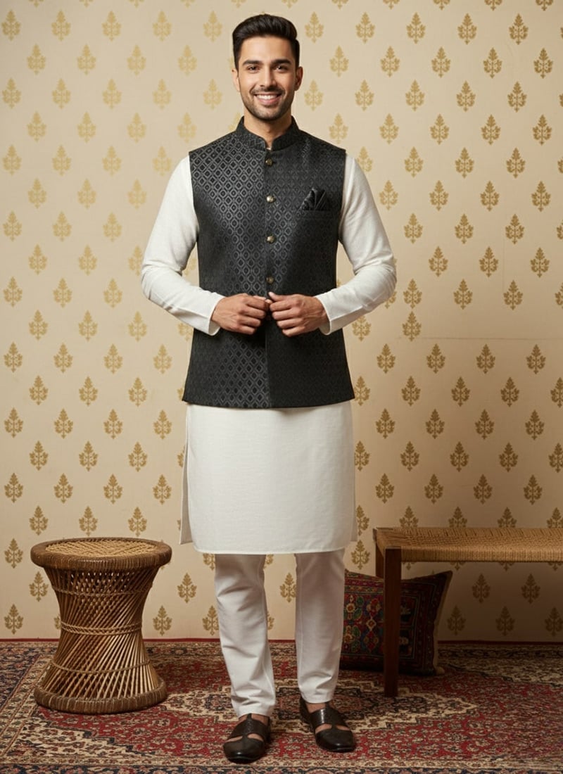 Royal Black Jacquard Silk Bandhgala Jacket