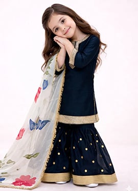 Royal Black Silk Sequins Zari Work Kids Girls Sharara Suit
