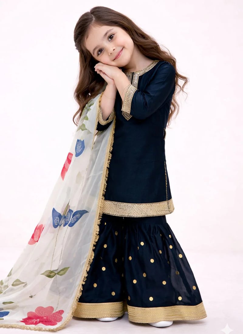 Royal Black Silk Sequins Zari Work Kids Girls Sharara Suit