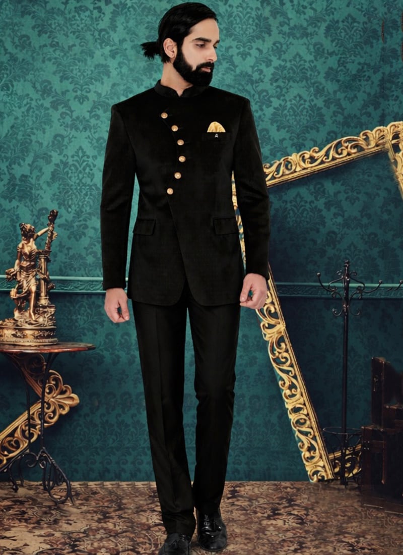 Royal Black Velvet Bandhgala Suit Wedding Wear