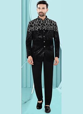 Royal Black Velvet Embroidered Sequins Bandhgala Suit