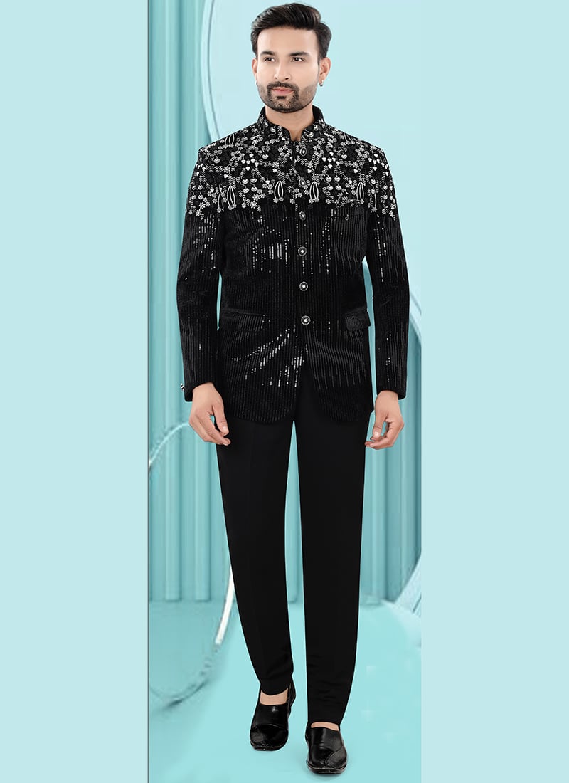 Royal Black Velvet Embroidered Sequins Bandhgala Suit Wedding Wear