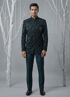 Royal Black Velvet Sequins Embroidered Thread Bandhgala Suit