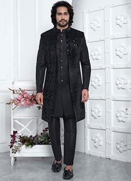 Royal Black Velvet Sequins Embroidery Sherwani