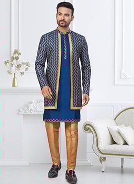 Royal Blue and Beige Banarasi Silk Embroidered Thread Indowestern Sherwani