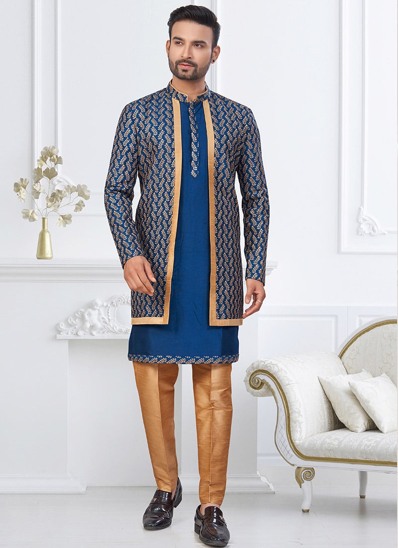 Royal Blue and Beige Banarasi Silk Embroidered Thread Indowestern Sherwani Festive Wear