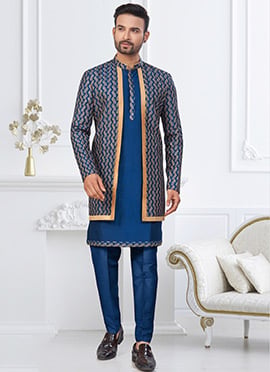 Royal Blue And Beige Jackard Banarasi Silk Stones Zari Indowestern Sherwani