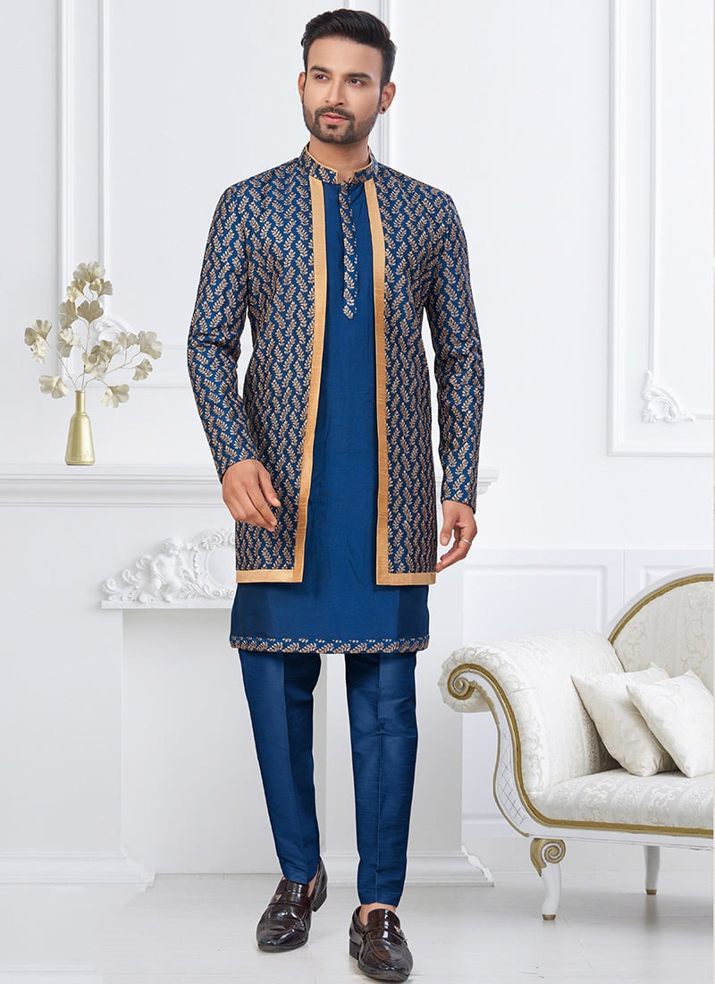 Royal Blue And Beige Jackard Banarasi Silk Stones Zari Indowestern Sherwani Wedding Wear