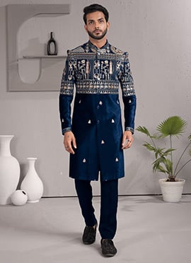 Royal Blue Armani Zari Embroidered Thread Indowestern Sherwani