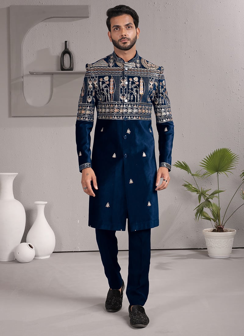 Royal Blue Armani Zari Embroidered Thread Indowestern Sherwani Wedding Wear