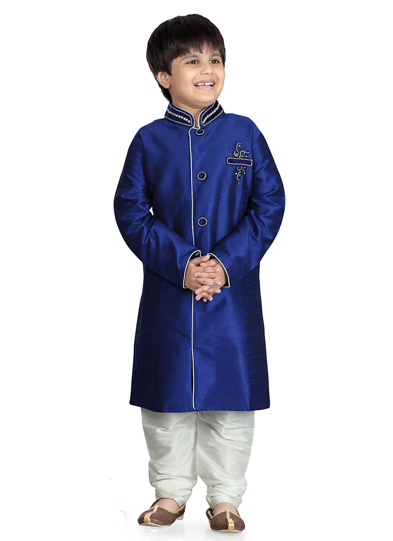 Royal Blue Art Dupion Silk Kids Kurta Pyjama