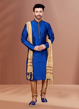 Royal Blue Banarasi Dupion Silk Solid Stitch Kurta Pyjama With Mandarin Collar