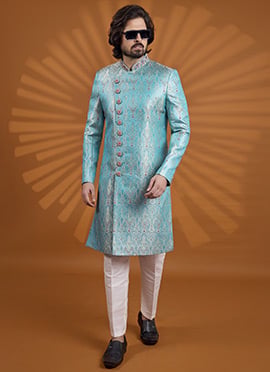 Royal Blue Banarasi Jacquard Embroidered Classic Sherwani