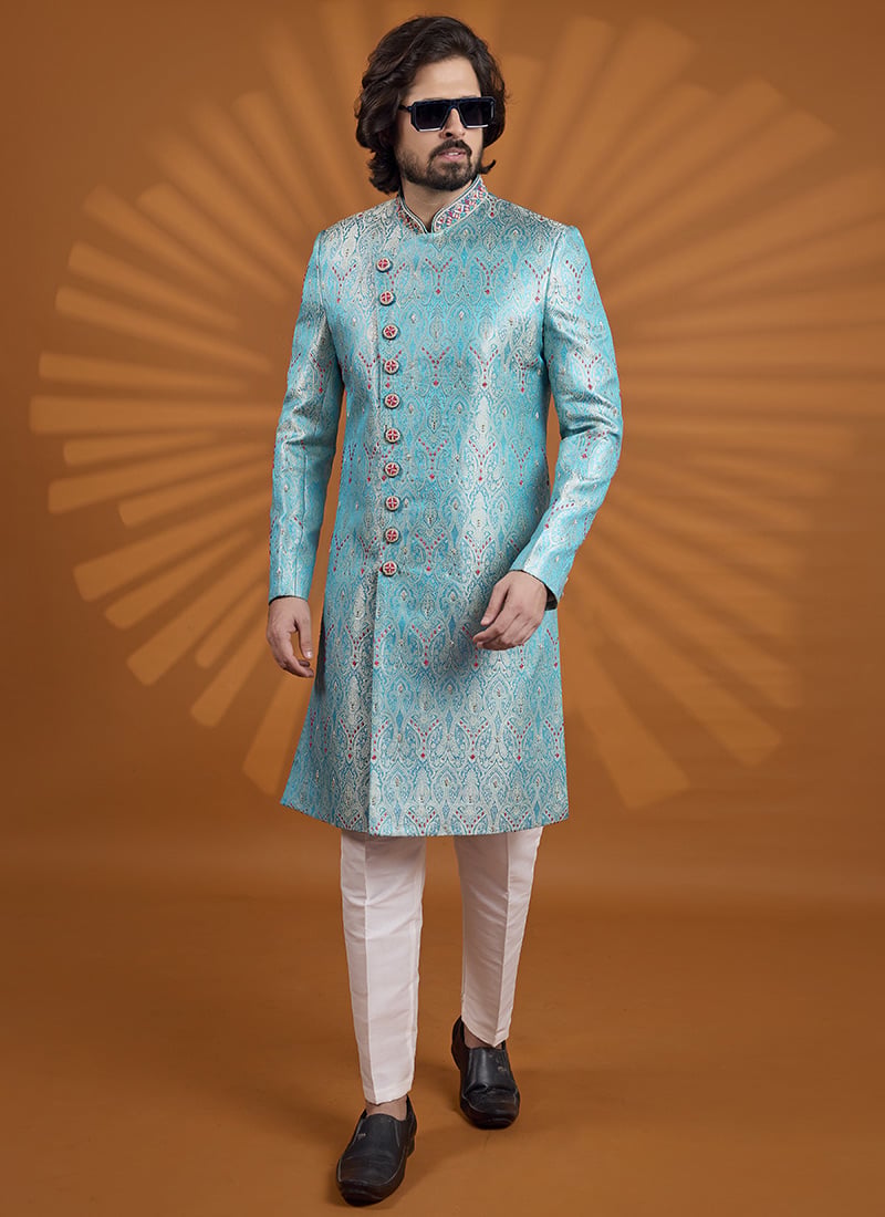 Royal Blue Banarasi Jacquard Embroidered Classic Sherwani Wedding Wear