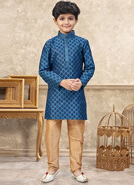 Royal Blue Banarasi Jacquard Stones Kids Boys Kurta Pyjama