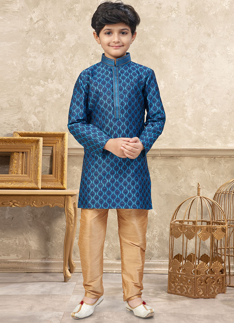 Royal Blue Banarasi Jacquard Stones Kids Boys Kurta Pyjama Festive Wear