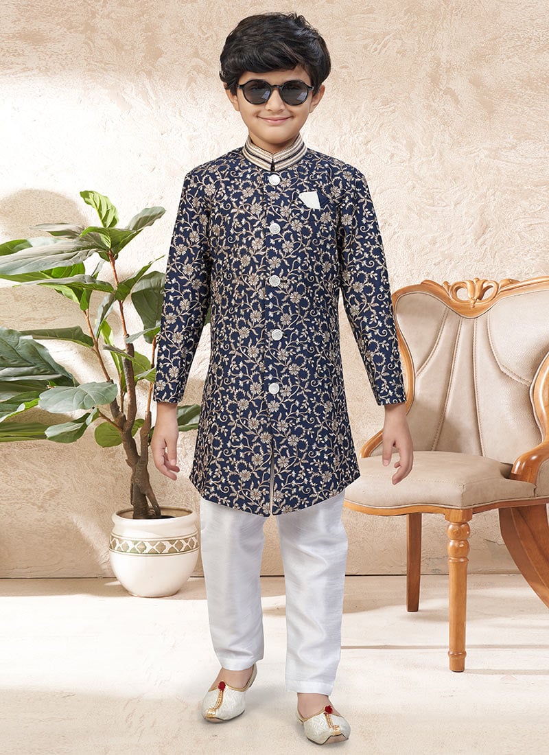 Royal Blue Banarasi Silk Zari Embroidered Sequins Kids Boys Indowestern Sherwani Wedding Wear
