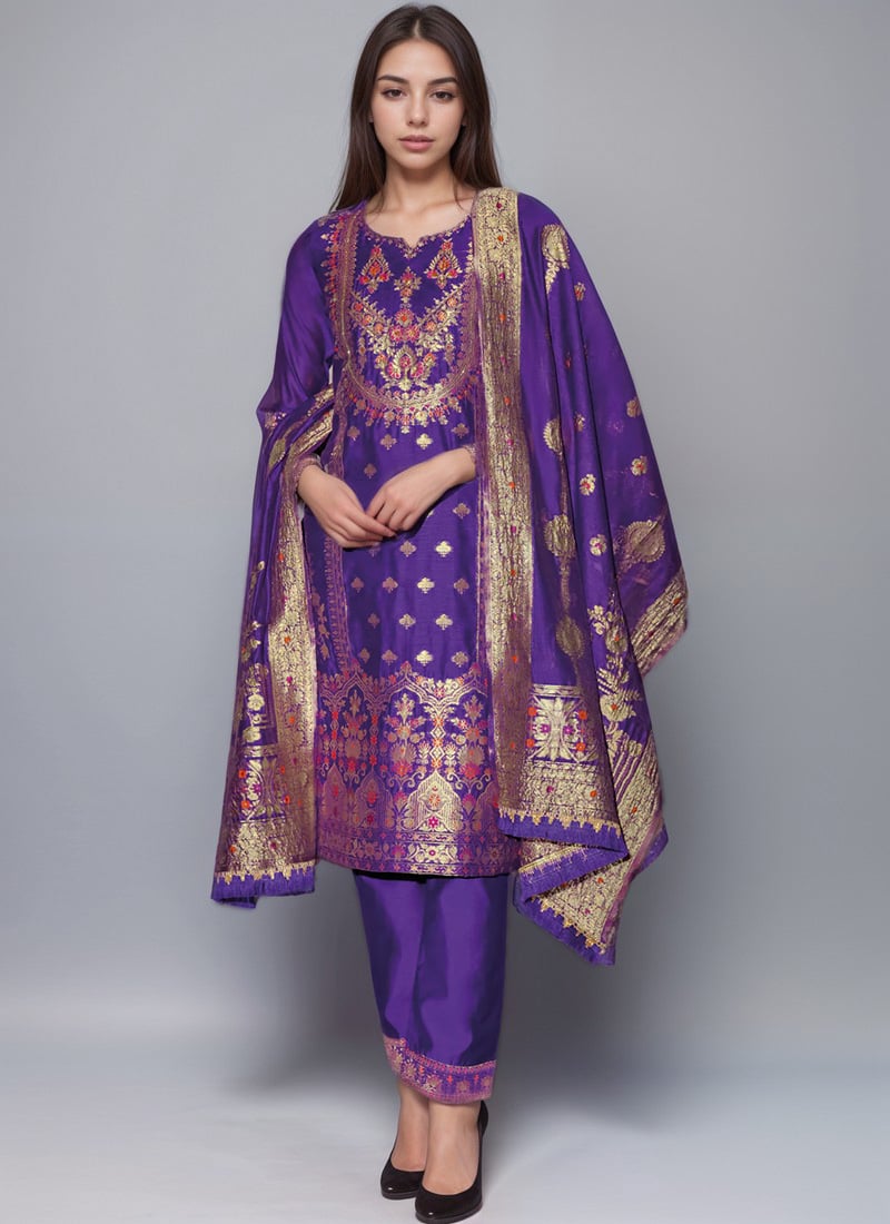 Royal Blue Banarasi Zari Jacquard Silk Straight Pant Suit Festive Wear