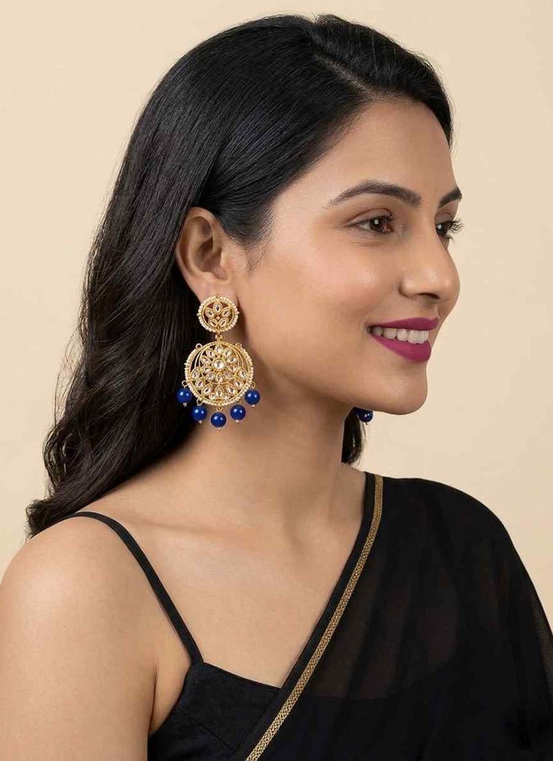 Royal Blue Bead Circular Floral Kundan Danglers After Six Wear