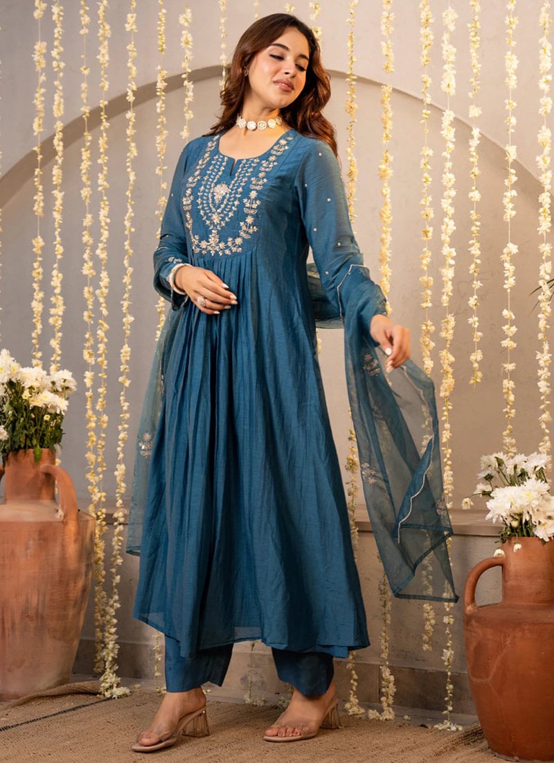 Royal Blue Chanderi Silk Embroidered Anarkali Suit After Six Wear