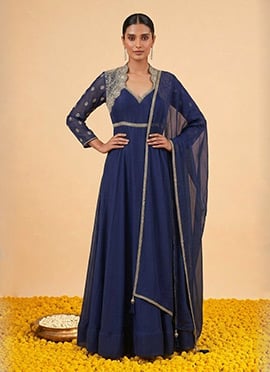 Royal Blue Chanderi Zari Sequins Embroidered Anarkali Suit