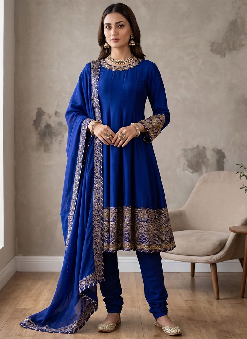 Royal Blue Chinon Golden Embroidered Sequins Anarkali Churidar Suit Festive Wear