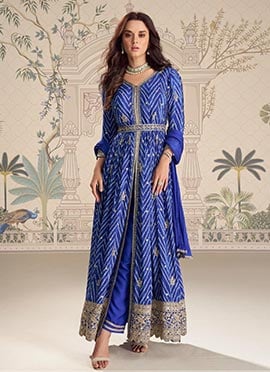 Royal Blue Chinon Silk Embroidered Sequins Zari Bandhini Anarkali Suit
