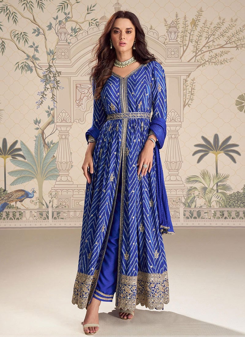 Royal Blue Chinon Silk Embroidered Sequins Zari Bandhini Anarkali Suit Festive Wear