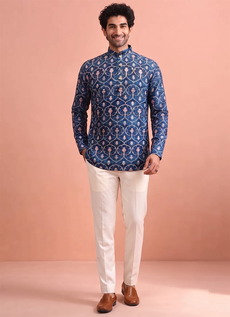 Royal Blue Cotton Digital Print Short Kurta For Men