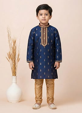 Royal Blue Cotton Silk Jacquard Kids Kurta Pyjama
