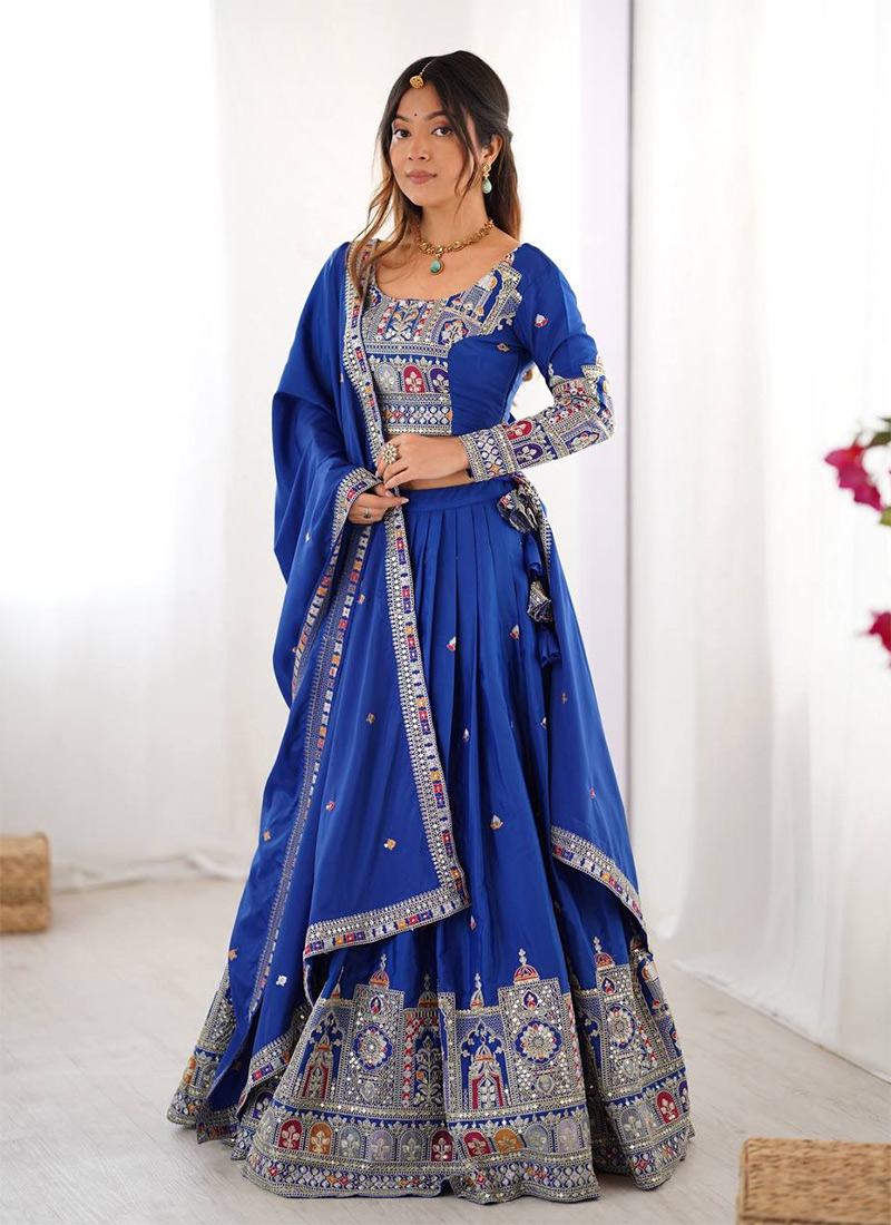 Royal Blue Crepe Silk Embroidered Sequins Lehenga Wedding Wear