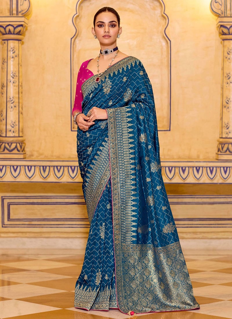 Royal Blue Crepe Silk Zari Jacquard Floral Woven Saree Festive Wear