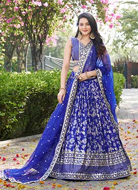 Royal Blue Dola Silk Jacquard Zari Embroidered Sequins Lehenga Wedding Wear