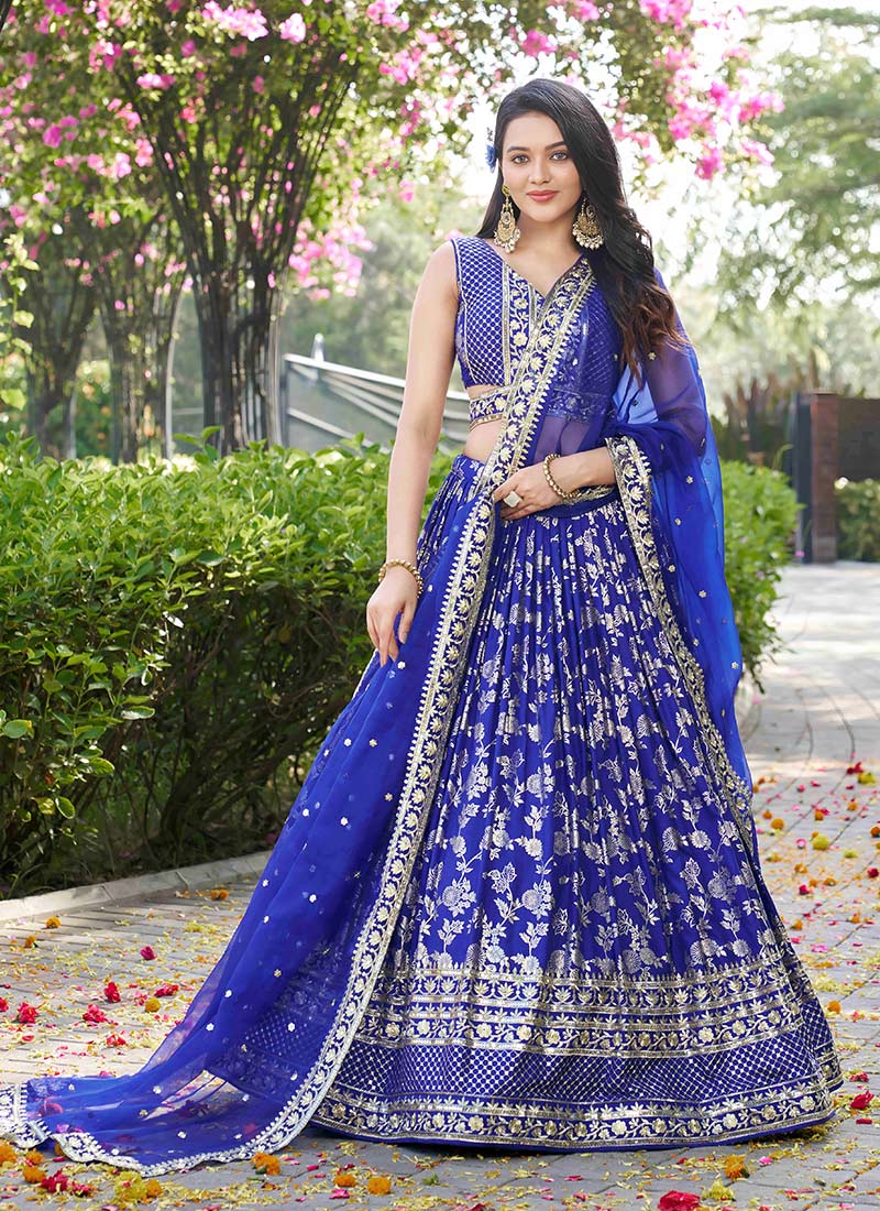 Royal Blue Dola Silk Jacquard Zari Embroidered Sequins Lehenga Wedding Wear