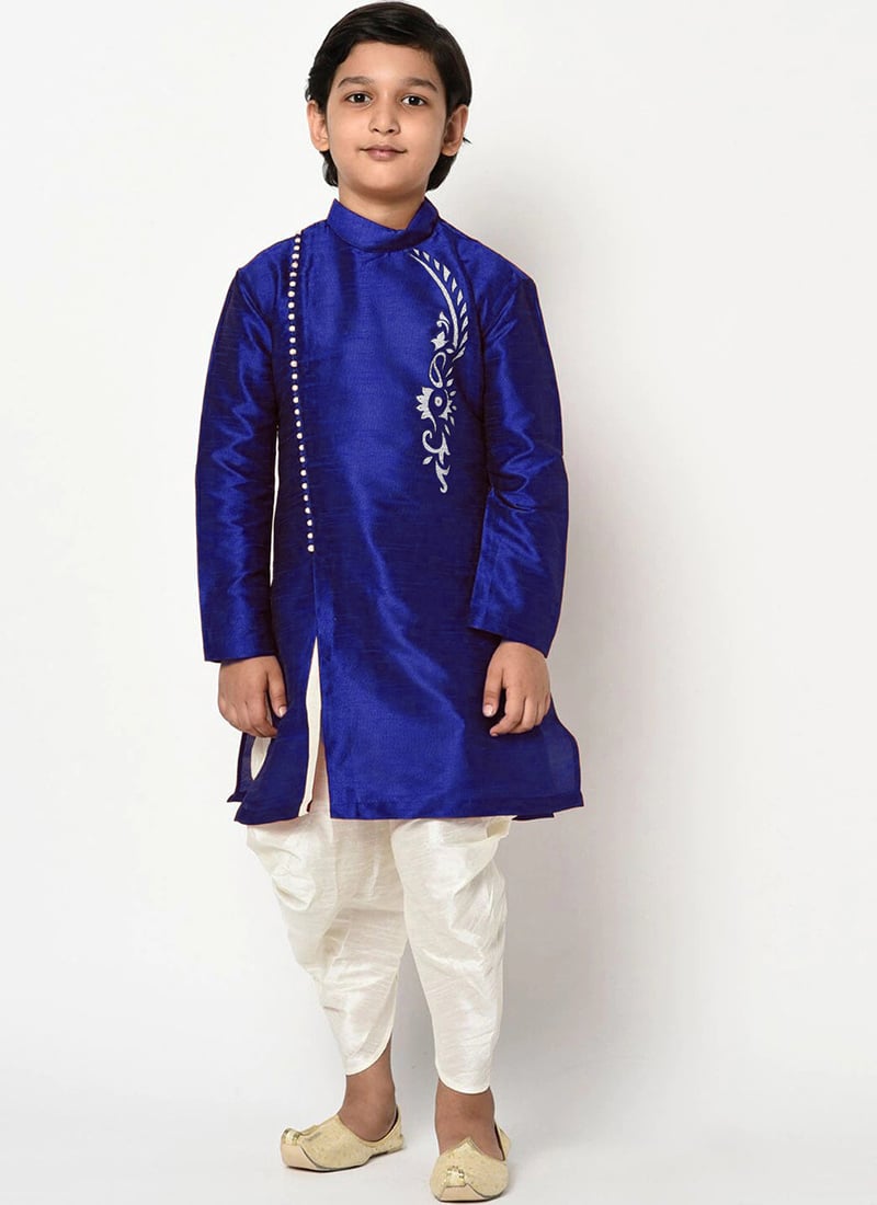 Royal Blue Dupion Silk Embroidered Kurta Pyjama Party Wear