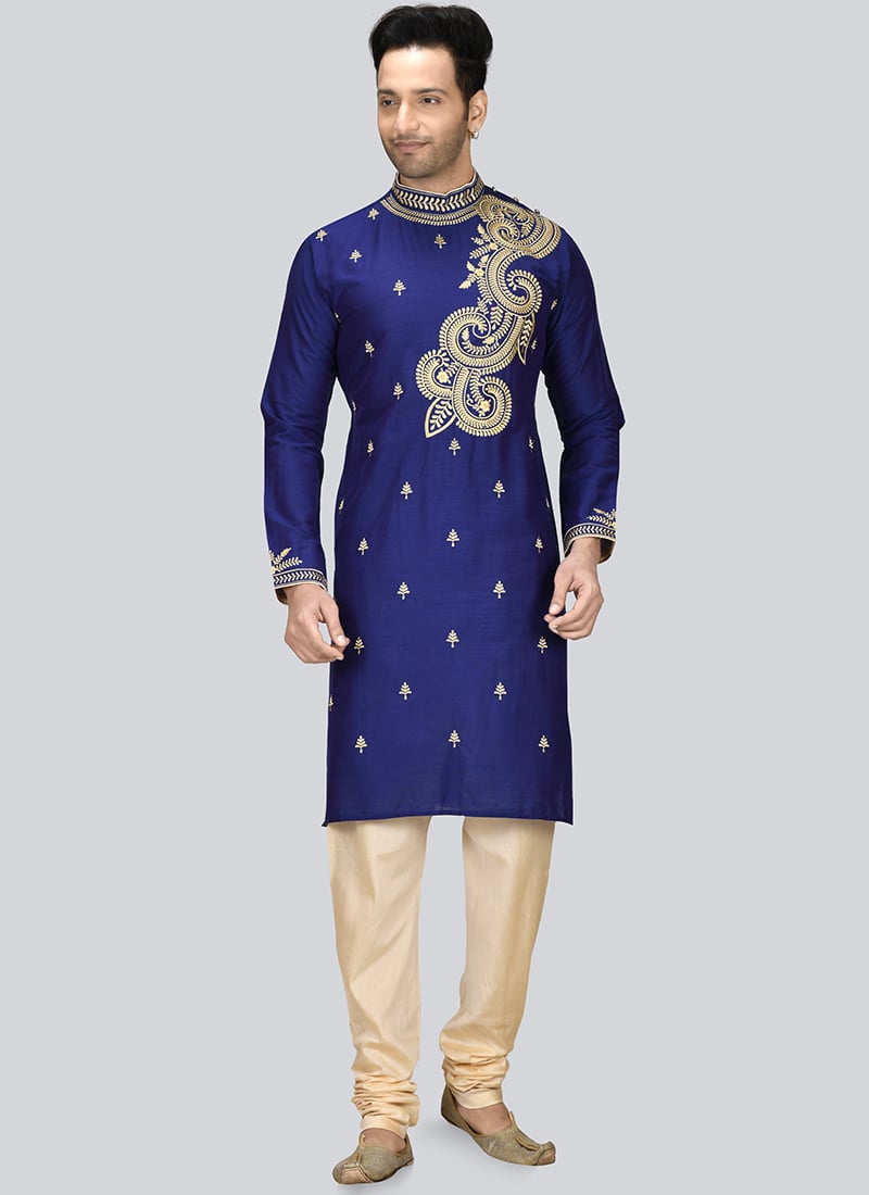 Royal Blue Dupion Silk Embroidered Kurta Pyjama