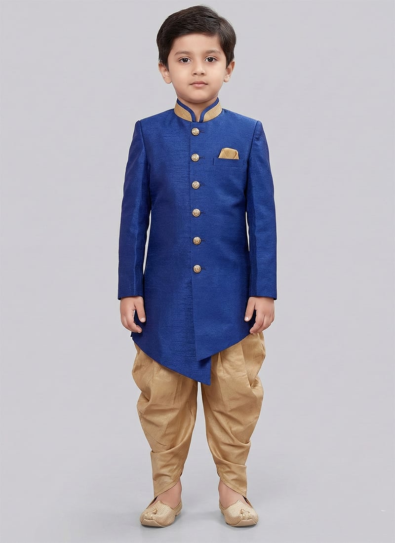 Royal Blue Dupion Silk Kids Boys Indowestern Sherwani Festive Wear