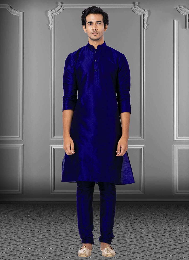 Royal Blue Dupion Silk Soild Plain Kurta Pyjama  Party Wear