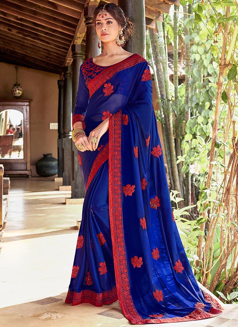 Buy royal blue embroidered faux georgette saree embroidered sari Buy royal blue embroidered faux georgette saree embroidered sari