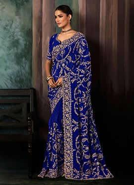 Royal Blue Fancy Silk Zari Embroidered Sequins Stones Saree