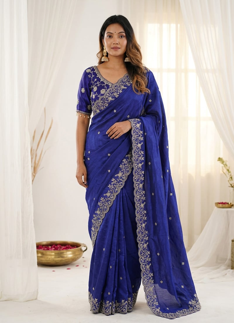 Royal Blue Fandy Silk Embroidered Sequins Saree Festive Wear