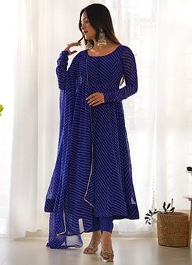 Royal Blue Faux Georgette Leheriya Print Anarkali Suit