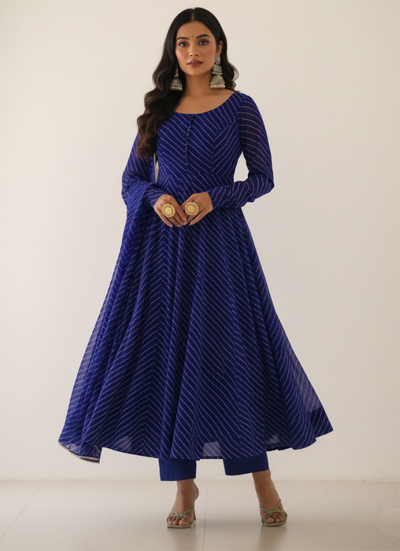 Royal Blue Faux Georgette Printed Anarkali Suit After Six Wear