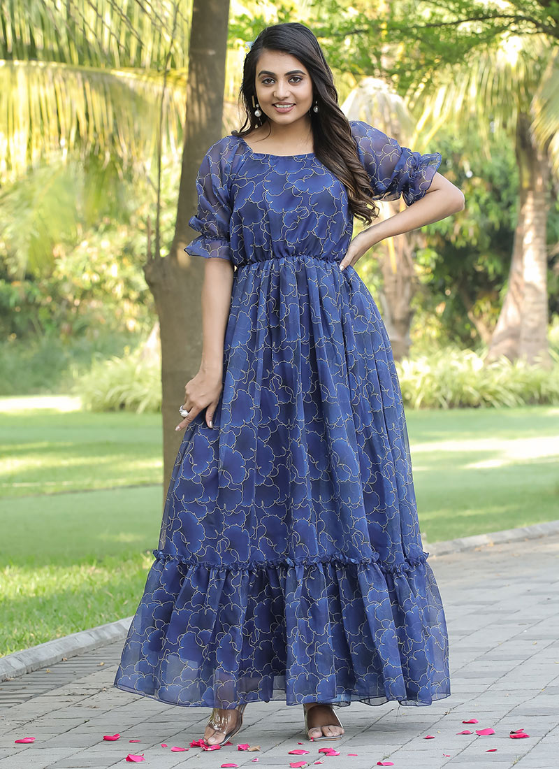 Buy Royal Blue Faux Printed Dress After Six Wear Online at