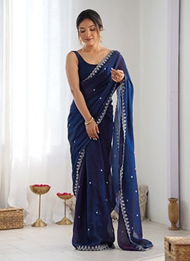 Royal Blue Fendy Satin Sequins Embroidered Saree