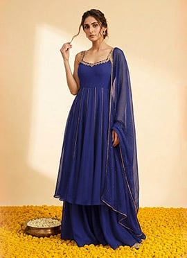 Royal Blue Georgette Beads Sequins Hand Embroidered Anarkali Suit