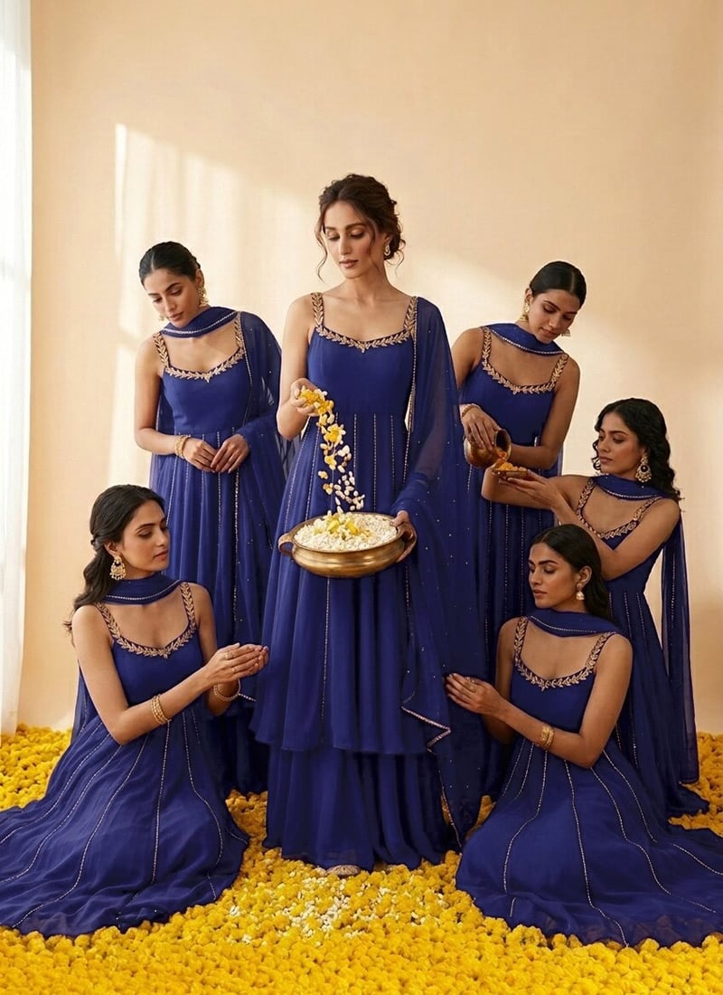 Royal Blue Georgette Beads Sequins Hand Embroidered Anarkali Suit Festive Wear