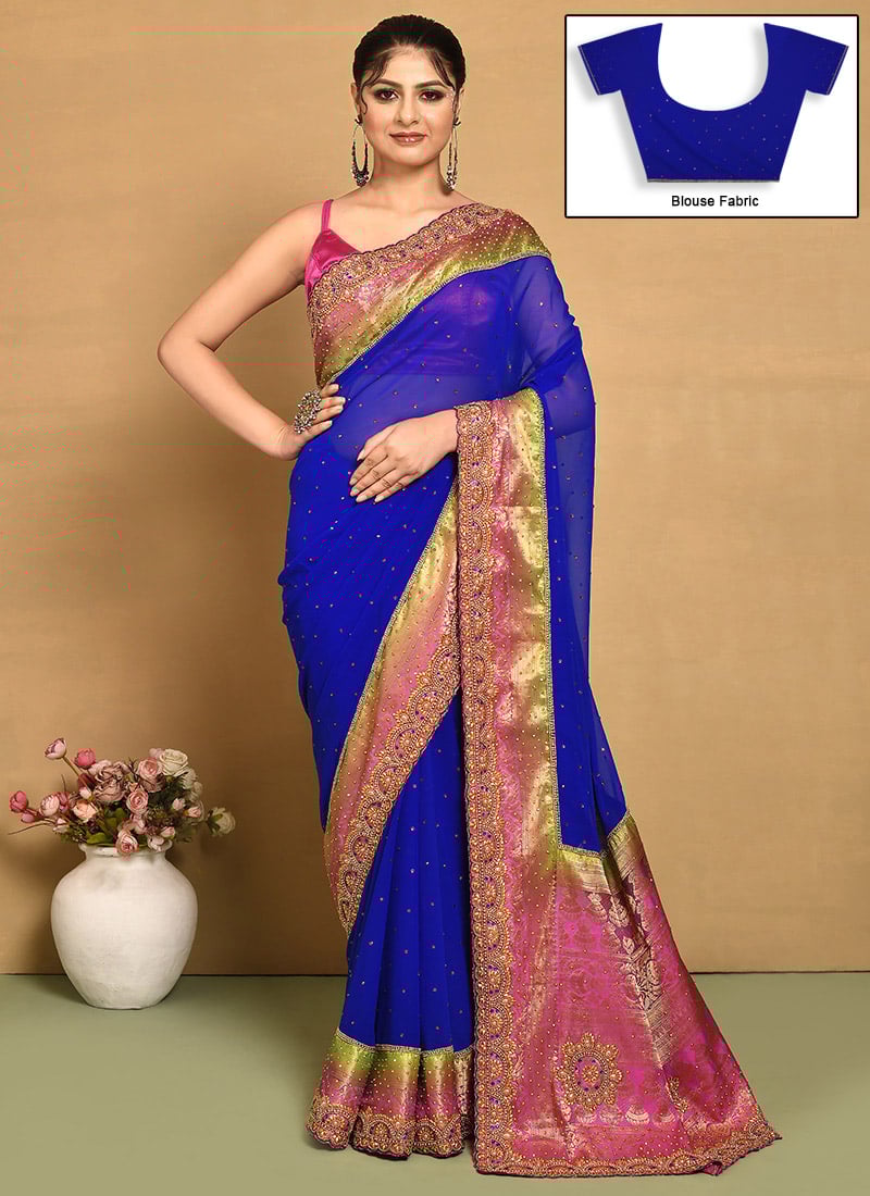 Royal Blue Georgette Hand Embroidered Saree Wedding Wear