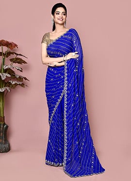 Royal Blue Georgette Hand Embroidered Saree